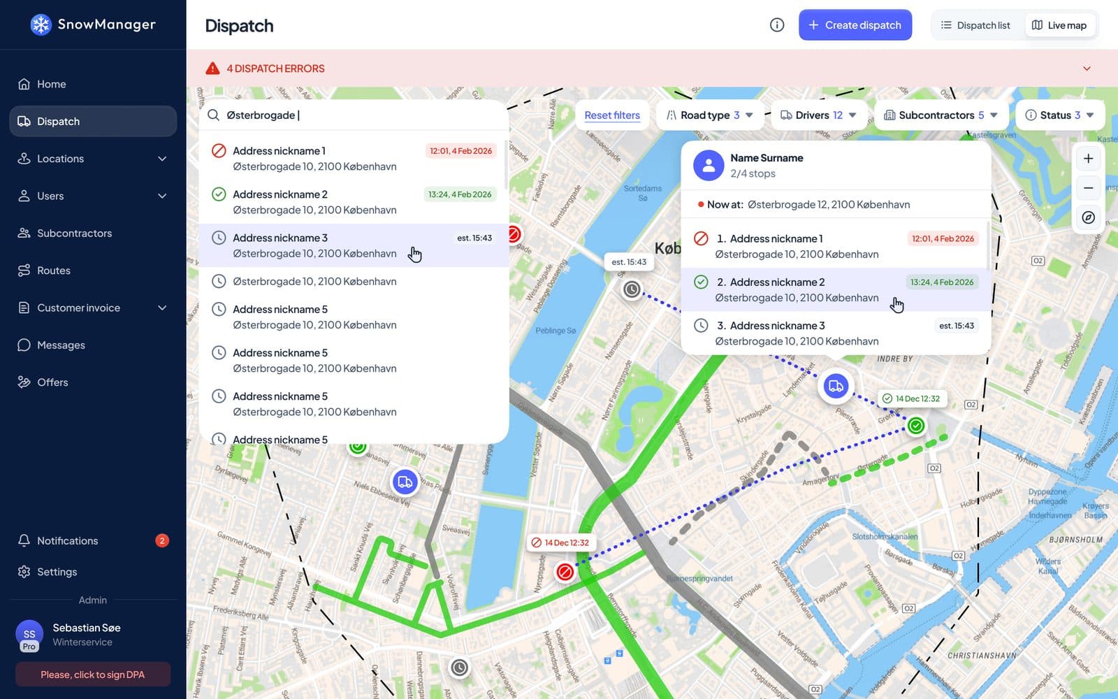 SnowManager live map with vehicles, planned routes and driven roads