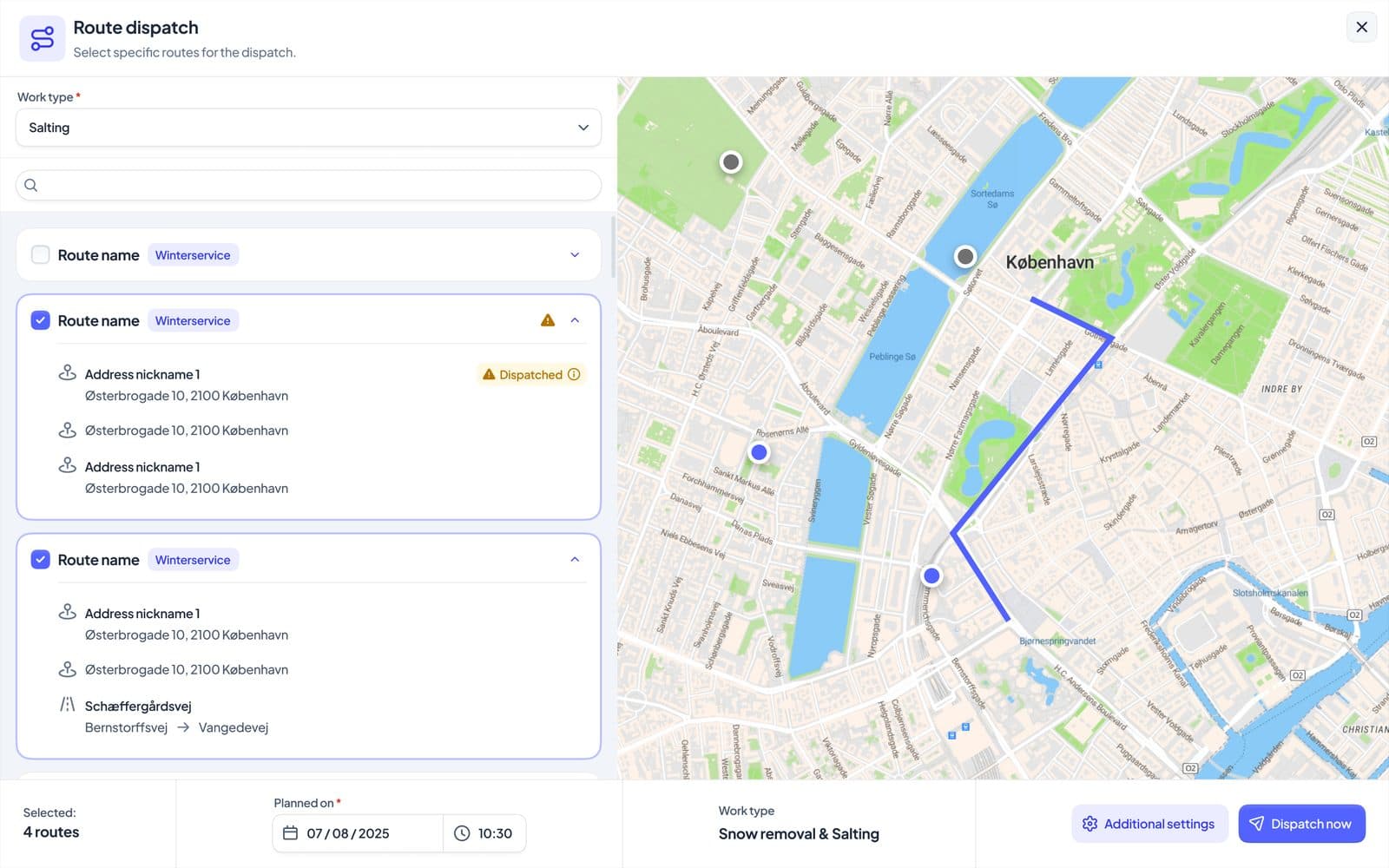 SnowManager route dispatch with stops and the route on the map